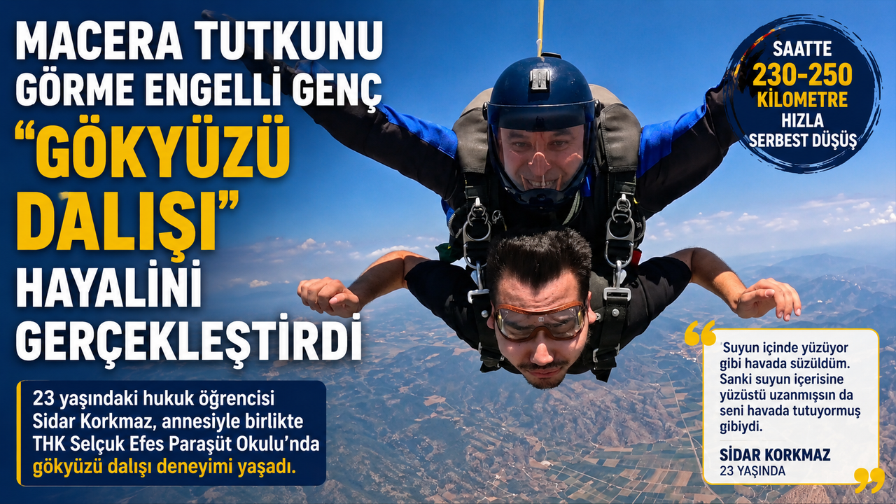 Görme engelli genç THK'da skydiving yaptı