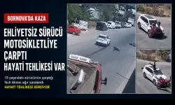 Bornova’da feci kaza kamerada: Ehliyetsiz sürücünün çarptığı motosikletli metrelerce savruldu