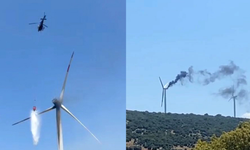 İzmir'de yanan rüzgar türbinine helikopterle müdahale