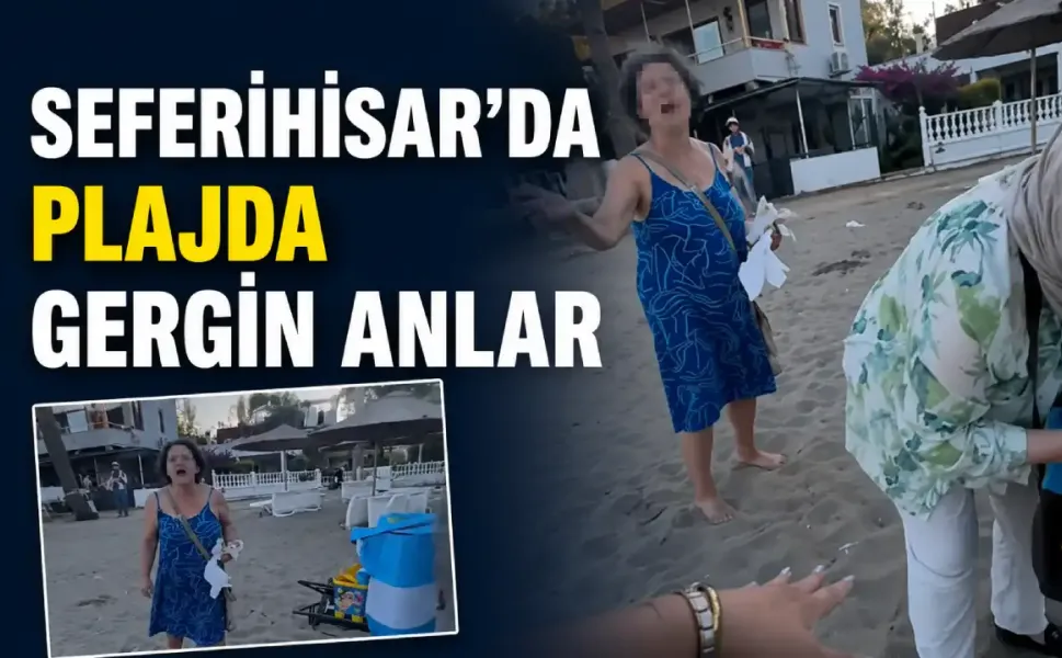 Seferihisar’da plajda gergin anlar kameraya yansıdı: Sandalyeyi yere fırlattı