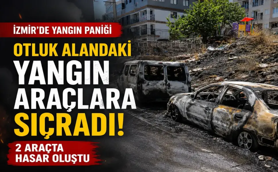 İzmir’de otluk alanda çıkan yangın 2 araca zarar verdi