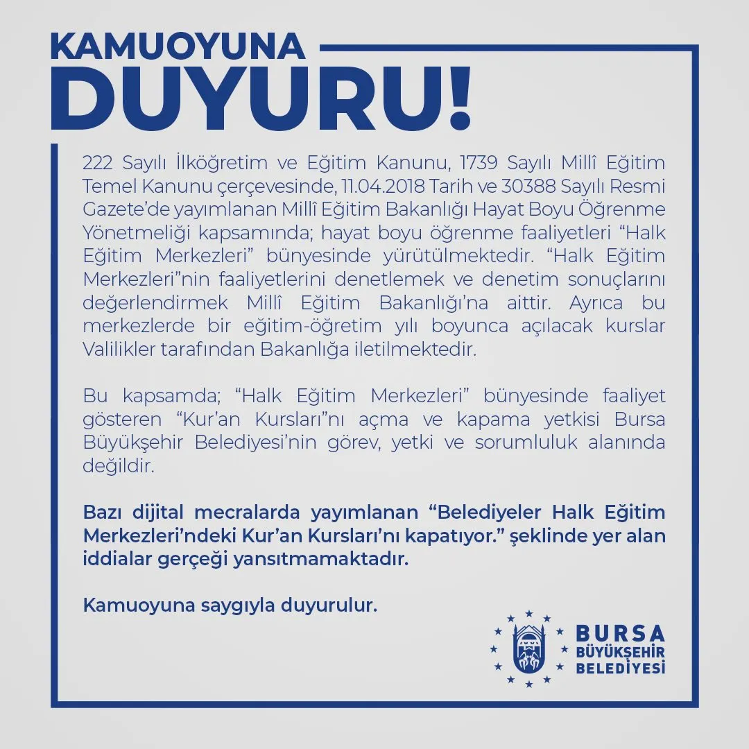 Bursa Büyükşehir Belediyesi Kuran Kursu Açıklama