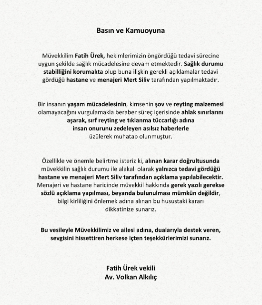 Fatih Urek In Saglik Durumu Hakkinda Avukatindan Aciklama