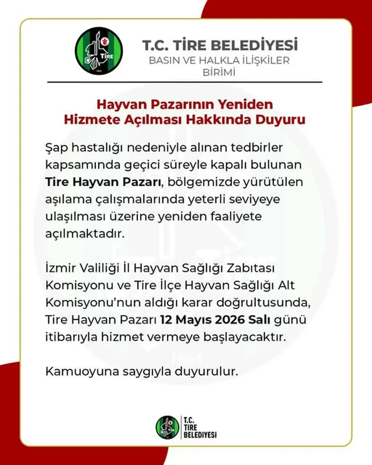 Belediye Duyurdu Tire Hayvan Pazari Yarin Aciliyor 1